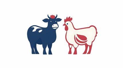 Cartoon Cow and Chicken Characters in Red and Blue Colors