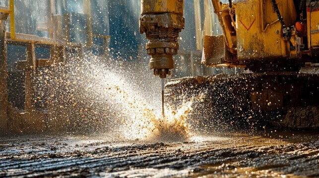 Heavy machinery drilling for artesian well water supply, showcasing water and soil displacement. Development background concept