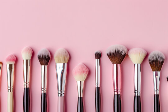 Set of makeup brushes on pink background representing cosmetics beauty tools and fashion accessories, concept: makeup, brushes, cosmetics,  fashion