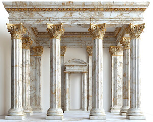 Fototapeta premium Elegant white marble columns and entablature adorned with gold accents stand against a bright neutral background.