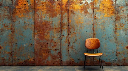 Abandoned chair against rusty metal wall urban setting still life industrial environment close-up view minimalism