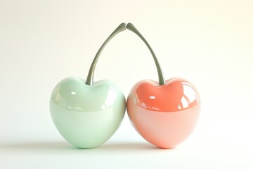 Two heart-shaped cherries, one mint green, one coral, leaning towards each other.