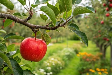 Apple tree with ripe green apples in orchard on a sunny day. Apple tree in the garden. Red apples on the tree