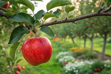 Apple tree with ripe green apples in orchard on a sunny day. Apple tree in the garden. Red apples on the tree