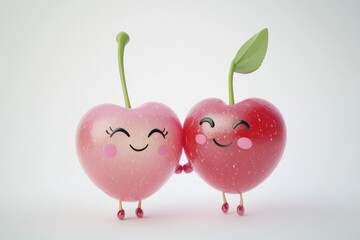 Two cute cartoon cherries holding hands, smiling happily against a white background.