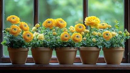 Vibrant yellow flowers in pots on a window sill nature photography indoor garden bright natural light