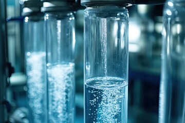 Clear glass tubes filled with water showcase bubbles, highlighti