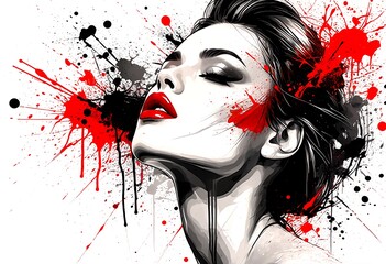 Fototapeta premium The girl with the red lipstick and paint splatters on her face.