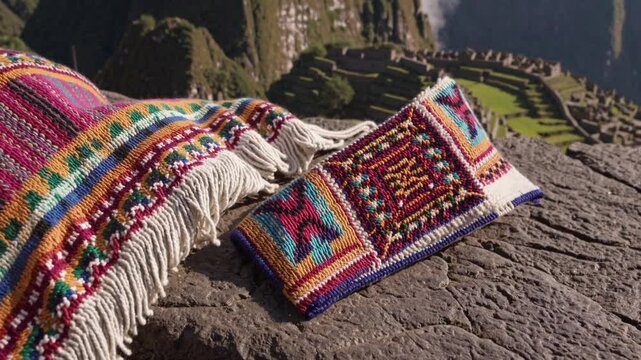  close-up shot of a vibrant alpaca wool shawl draped over a weathered stone ledge, overlooking the breathtaking ruins of Machu Picchu.