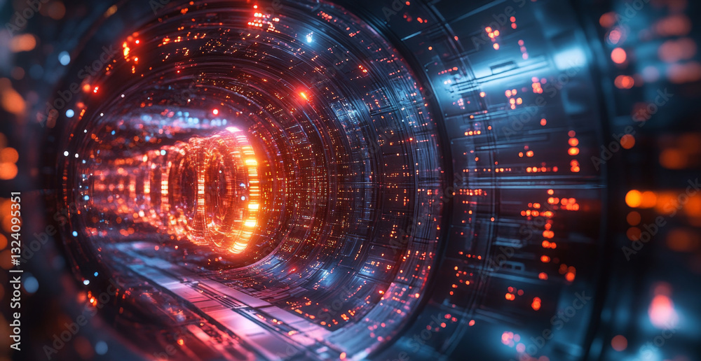 Poster A vibrant tunnel of light and data represents quantum computing concepts like superposition and entanglement.