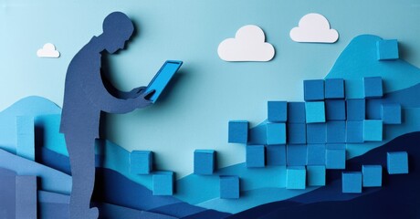 Paper cutout of person building application using drag and drop blocks deep navy and muted blue symbolizing no code and low code platforms