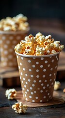 Indulge in Deliciousness: A Cup of Gourmet Popcorn, a Sweet and Savory Treat for Movie Nights, Parties, and Snacking, with a Rustic and Retro Style on Wooden Table.