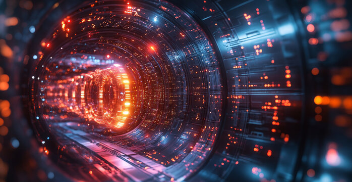 A vibrant tunnel of light and data represents quantum computing concepts like superposition and entanglement.