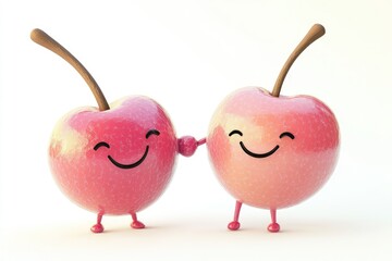 Two cute cartoon cherries holding hands, smiling happily.