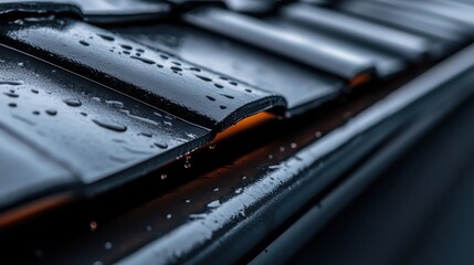 This image showcases a close-up view of roof tiles adorned with glistening raindrops, emphasizing the transition from day to night and the soothing effect of rain.