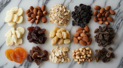 Obraz premium A Symphony of Flavors: Nutritious Mix of Nuts, Dried Fruits, and Oats on Marble Surface - A Healthy Snack for Energy and Wellness.