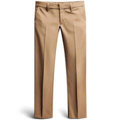A pair of pressed light-brown khaki pants hangs vertically against a white background showcasing their classic and versatile design.