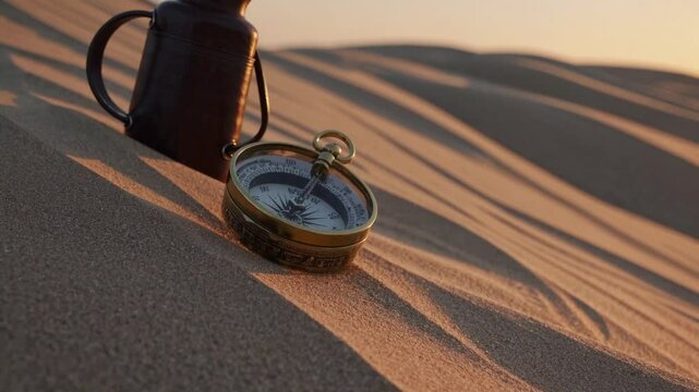 close-up shot of a brass compass lying partially buried in the fine, golden sand of the Sahara Desert. 