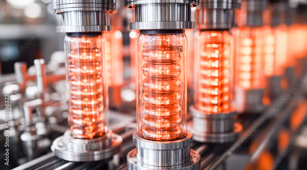 Poster Innovative quantum computing systems are showcased, highlighting qubit designs and their interconnections. The glowing tubes represent the state of superposition and entanglement achievements.