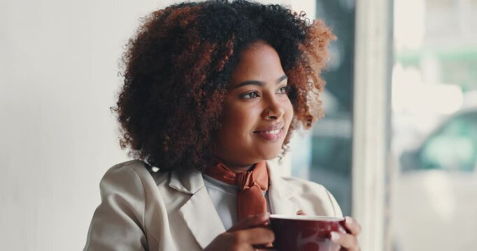 Thinking, smile and woman with coffee, office and daydreaming for opportunity in law firm or paralegal. Contemplating, happy and person with cup in business, career growth and tea break in morning