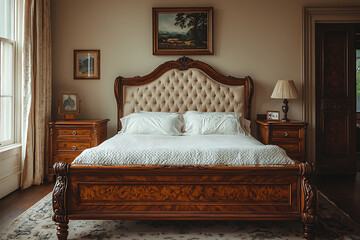 Elegant bedroom featuring a carved wooden bed with a tufted headboard and classic décor.