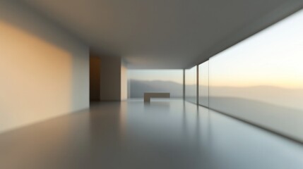 Minimalist interior of a modern room featuring a simple table, with panoramic views of mountains at sunset in the background