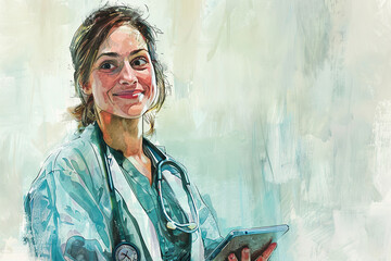 A female doctor holding a tablet, smiling, artistic rendering, concept: healthcare, medicine, doctor, technology