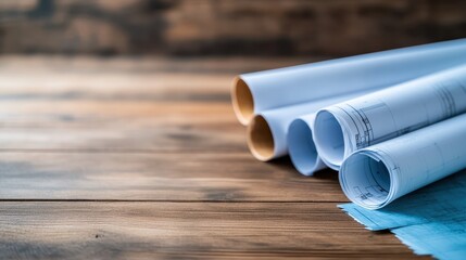 A close-up of detailed architectural blueprints placed on rustic wood, showcasing creativity and the meticulous planning that goes into designing stunning structures.