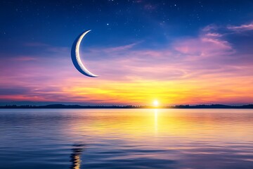 A beautiful celestial scene featuring the moon over reflective water at sunset