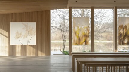 Serene and Modern Interior with Wooden Furnishings and Panoramic Nature Views  Spacious and Bright Living Space with Large Overlooking a Peaceful Outdoor Landscape