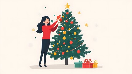 Professional Woman Decorates the Christmas Tree Illustration for Festive Celebrations