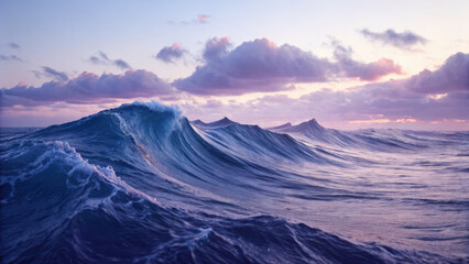 Fototapeta premium Majestic ocean waves rise under colorful sunset sky, creating serene atmosphere