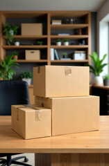 Cardboard boxes on a wooden desk in a modern office with a black chair. Relocation or workplace organization.