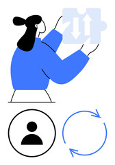 Person holding puzzle piece with arrows, user profile icon, and circular arrows. Ideal for collaboration, problem-solving, team building, strategy, innovation processes and systems. Flat simple
