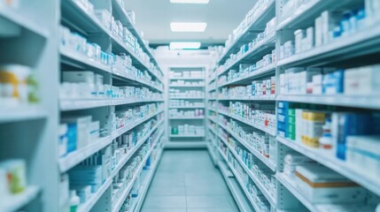 Organized Pharmacy Aisles Stocked with Medications.