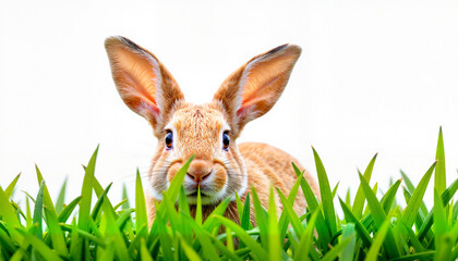 Obraz premium Curious rabbit gazing among vibrant grass blades, nature's beauty