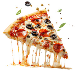 A Cheesy Pizza Slice with Pepperoni Olives and Mozzarella Isolated on Transparent Background
