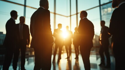 A group of corporate professionals gathers in discussion as the sun sets, representing collaboration, strategy, and the vibrant dynamics of the modern business environment.