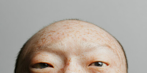 Fototapeta premium Close-up View of Freckled Scalp and Eyes