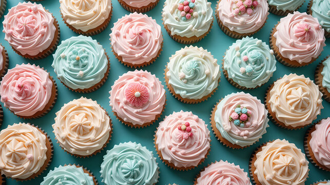 A delicious display food cake pattern of pastel-hued cakes, intricately decorated with isometric patterns and topped with sweet icing, invites viewers to indulge in the joyful sweetness of dessert