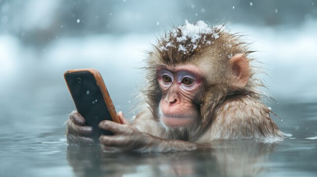 A captivating image of a monkey immersed in a smartphone while lounging in a snowy hot spring, illustrating the unexpected merging of wildlife and modern technology in a playful context.