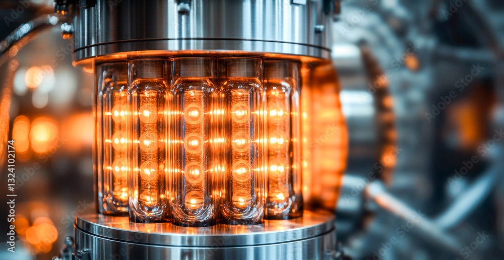 Poster A sophisticated quantum computing system showcases glowing qubits housed in a metallic chamber.