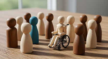 diversity and inclusion concept with wooden people figures of different color including wheelchair user,design, connection
