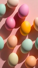 Delicate Pastel Easter Eggs: A Vibrant Spring Celebration with Colorful and Festive Decorations, Perfect for Holiday Backgrounds and Sweet Treats