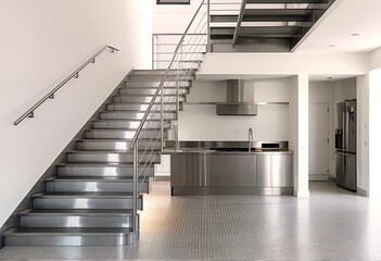clean and modern kitchen with stainless steel appliances and a metal staircase.