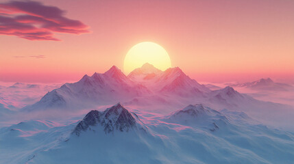 Obraz premium Majestic Sunrise Over Snow-Capped Mountain Range – Dreamy Winter Landscape