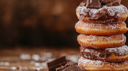 A scrumptious stack of chocolate-covered donuts, topped with powdered sugar, enticing viewers with their rich, sweet appearance and inviting texture.