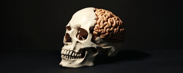 A human skull with exposed brain on a dark surface