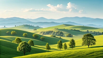 Fototapeta premium A serene landscape featuring rolling green hills and scattered trees under a bright blue sky, creating a tranquil, picturesque scene.