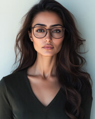 Fototapeta premium Young woman with glasses poses in a relaxed manner against a light background